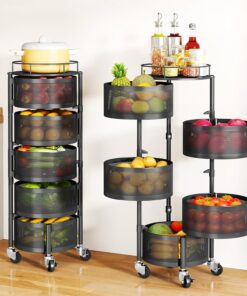 Fruit Vegetable Basket for Kitchen, Rotating Storage Rack, 5 Tier Rolling Cart with top lid, Large Metal Wire Wheels, Black