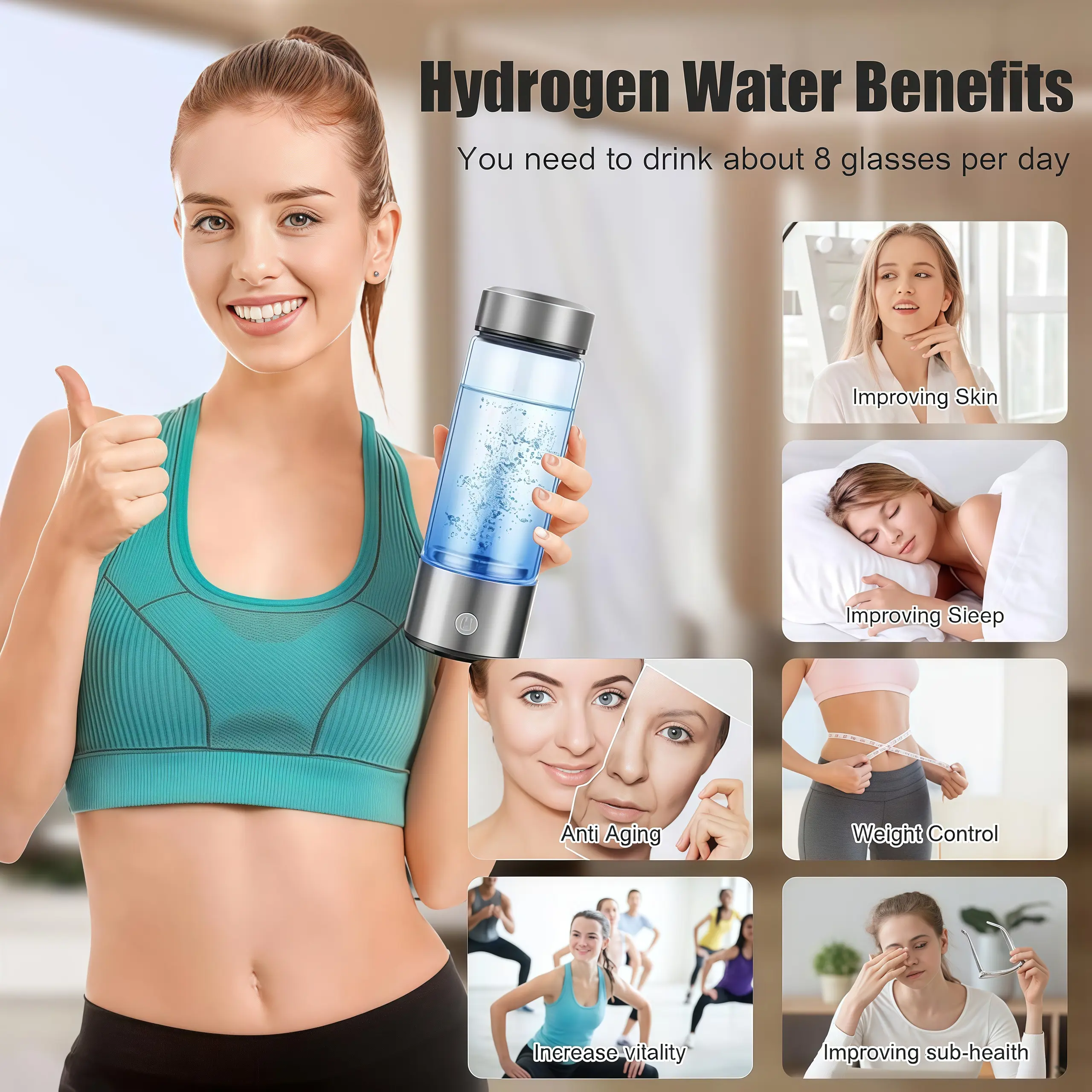 Portable USB Hydrogenated Water Generator Bottle 420ml SPE/PEM (White) | SPE/PEM Technology, For Home and Office Use, Travel, Physical Activities, USB Connection - Image 2