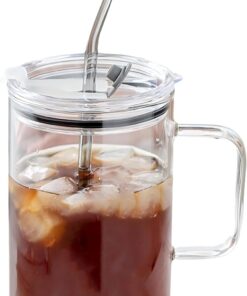 33.81 OZ Large Capacity Cold Drink Glass cup, Mug with Handle,Lid and Straw,for Coffee,Ice Tea, Beer,Water,Other Hot And Cold Drinks,-68°F to 300°F,Wide Mouth, Easy Clean,Tumbler Reusable for Gifts