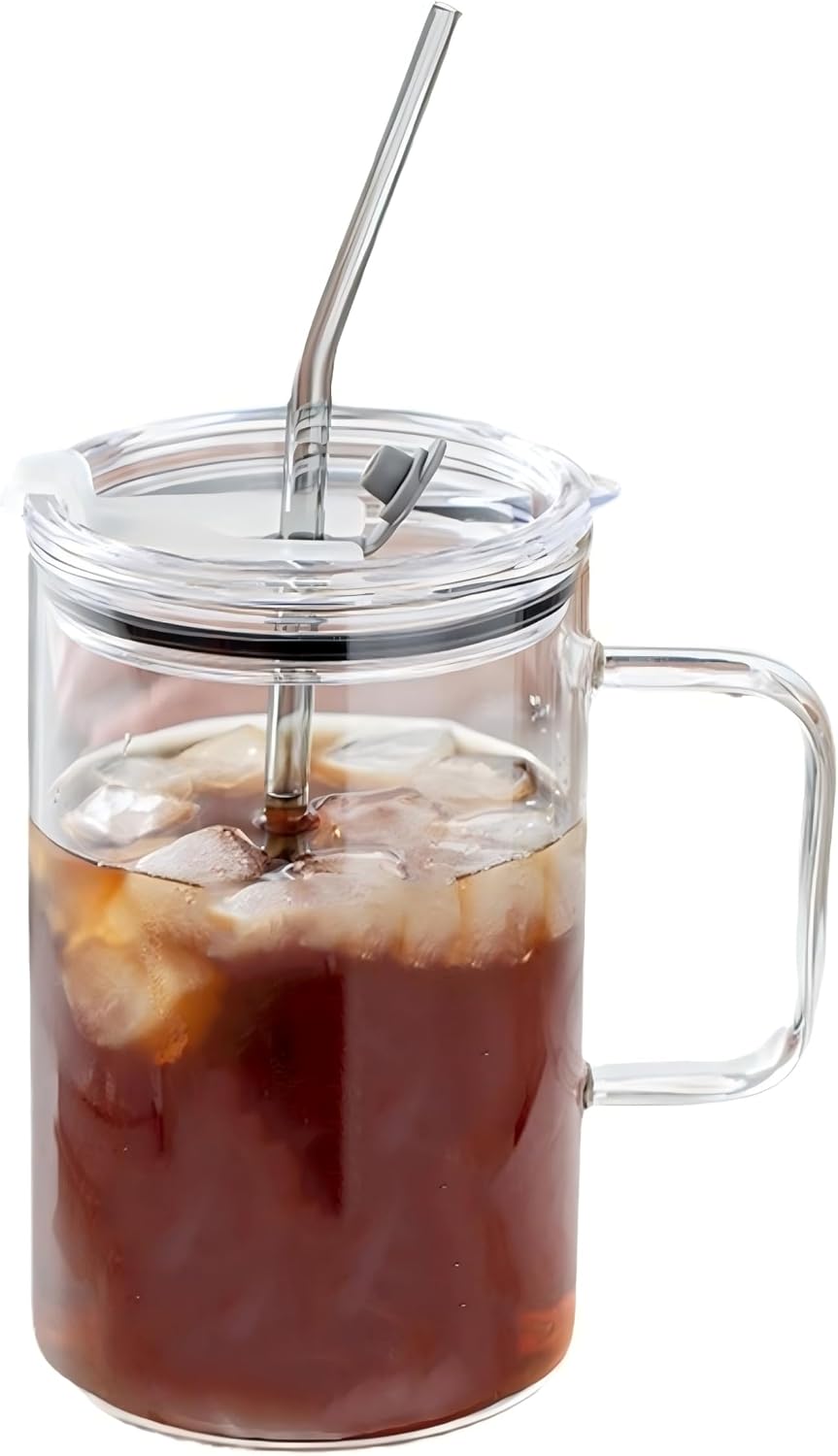 33.81 OZ Large Capacity Cold Drink Glass cup, Mug with Handle,Lid and Straw,for Coffee,Ice Tea, Beer,Water,Other Hot And Cold Drinks,-68°F to 300°F,Wide Mouth, Easy Clean,Tumbler Reusable for Gifts