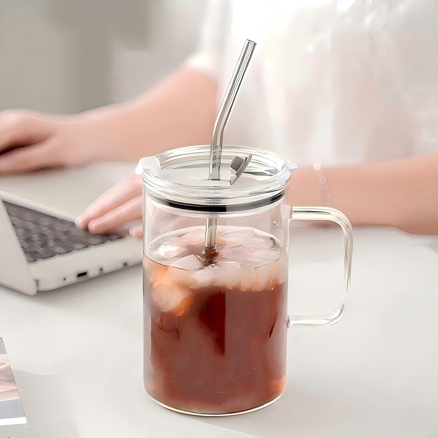 33.81 OZ Large Capacity Cold Drink Glass cup, Mug with Handle,Lid and Straw,for Coffee,Ice Tea, Beer,Water,Other Hot And Cold Drinks,-68°F to 300°F,Wide Mouth, Easy Clean,Tumbler Reusable for Gifts - Image 5