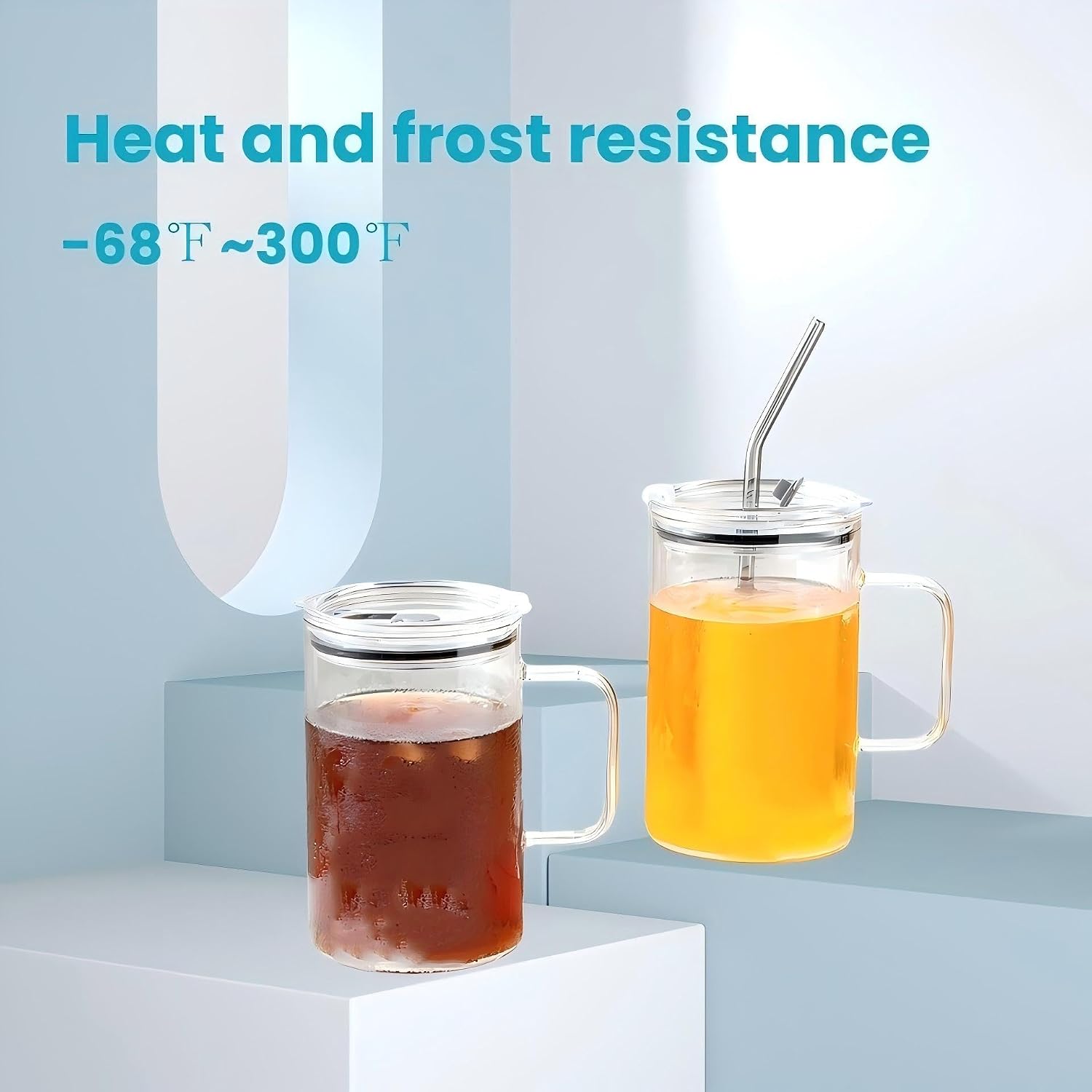 33.81 OZ Large Capacity Cold Drink Glass cup, Mug with Handle,Lid and Straw,for Coffee,Ice Tea, Beer,Water,Other Hot And Cold Drinks,-68°F to 300°F,Wide Mouth, Easy Clean,Tumbler Reusable for Gifts - Image 3